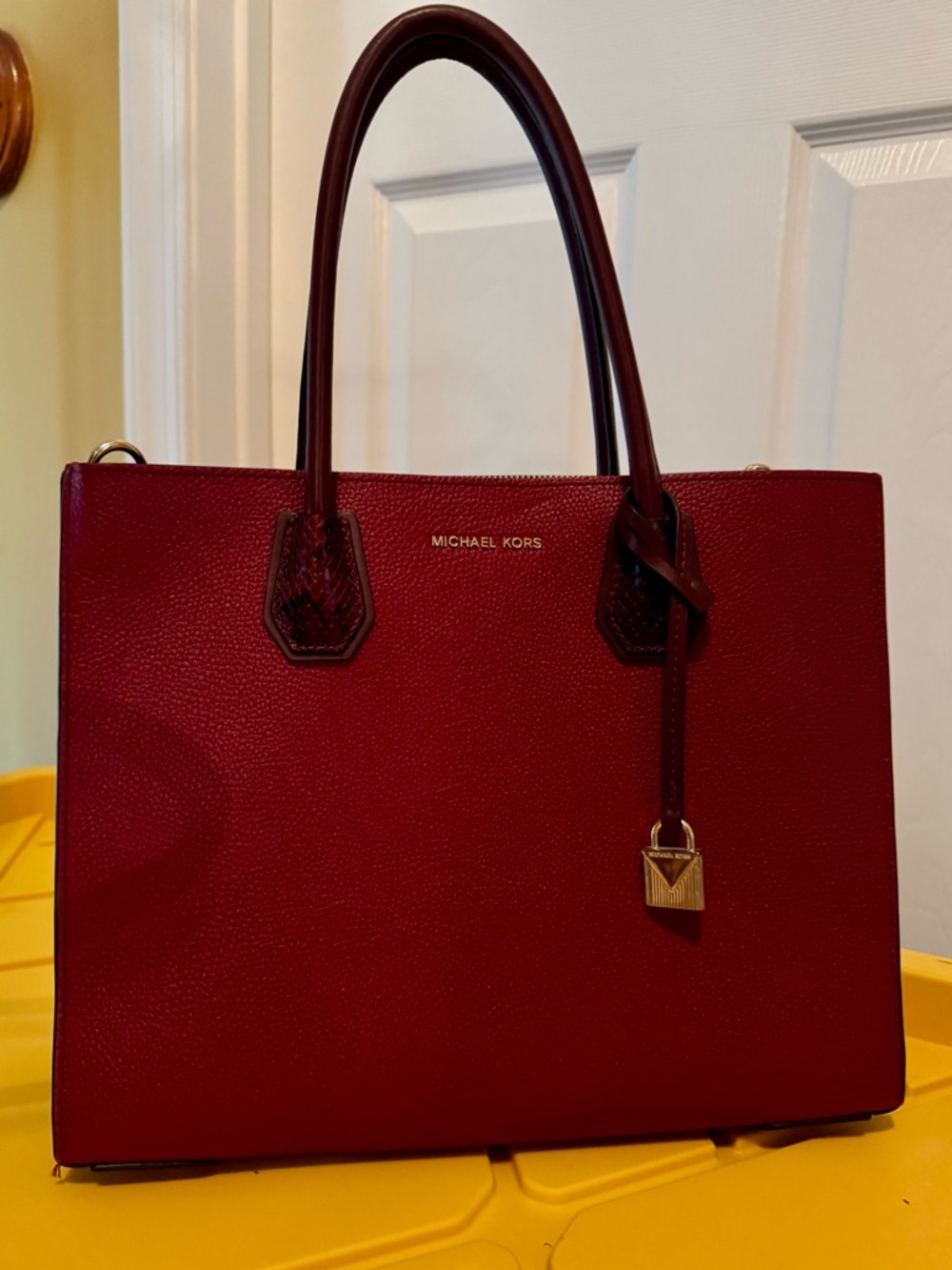 Michael Kors Red Pebbled Leather Tote with Gold Accent and Strap